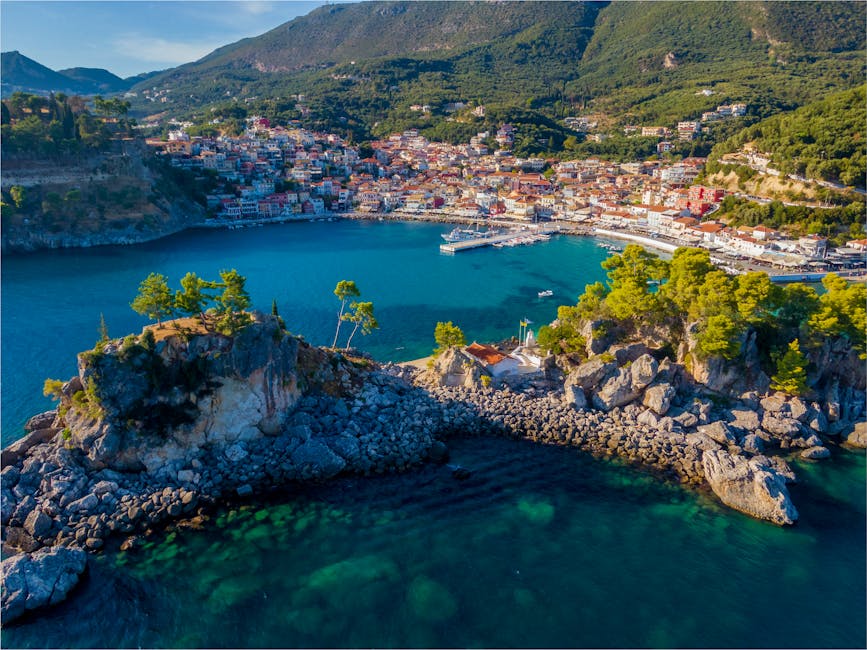 Stunning aerial view of Parga town, Greece, showcasing vibrant coastline and picturesque landscape.